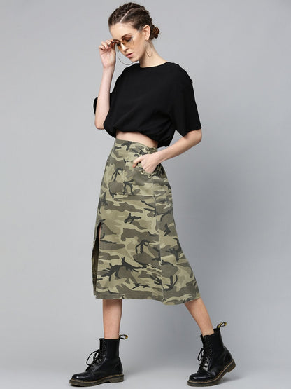 Women's Green Camouflage Twill Front Slit Skirt