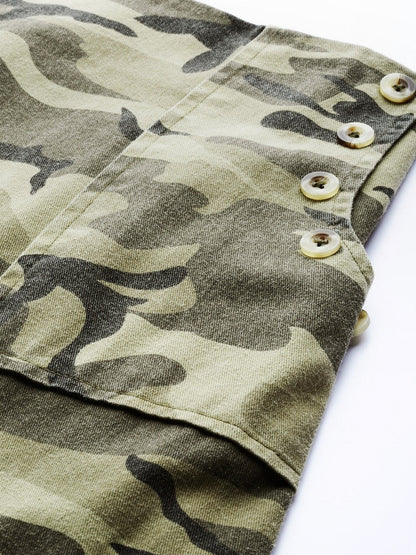 Women's Green Camouflage Twill Front Slit Skirt