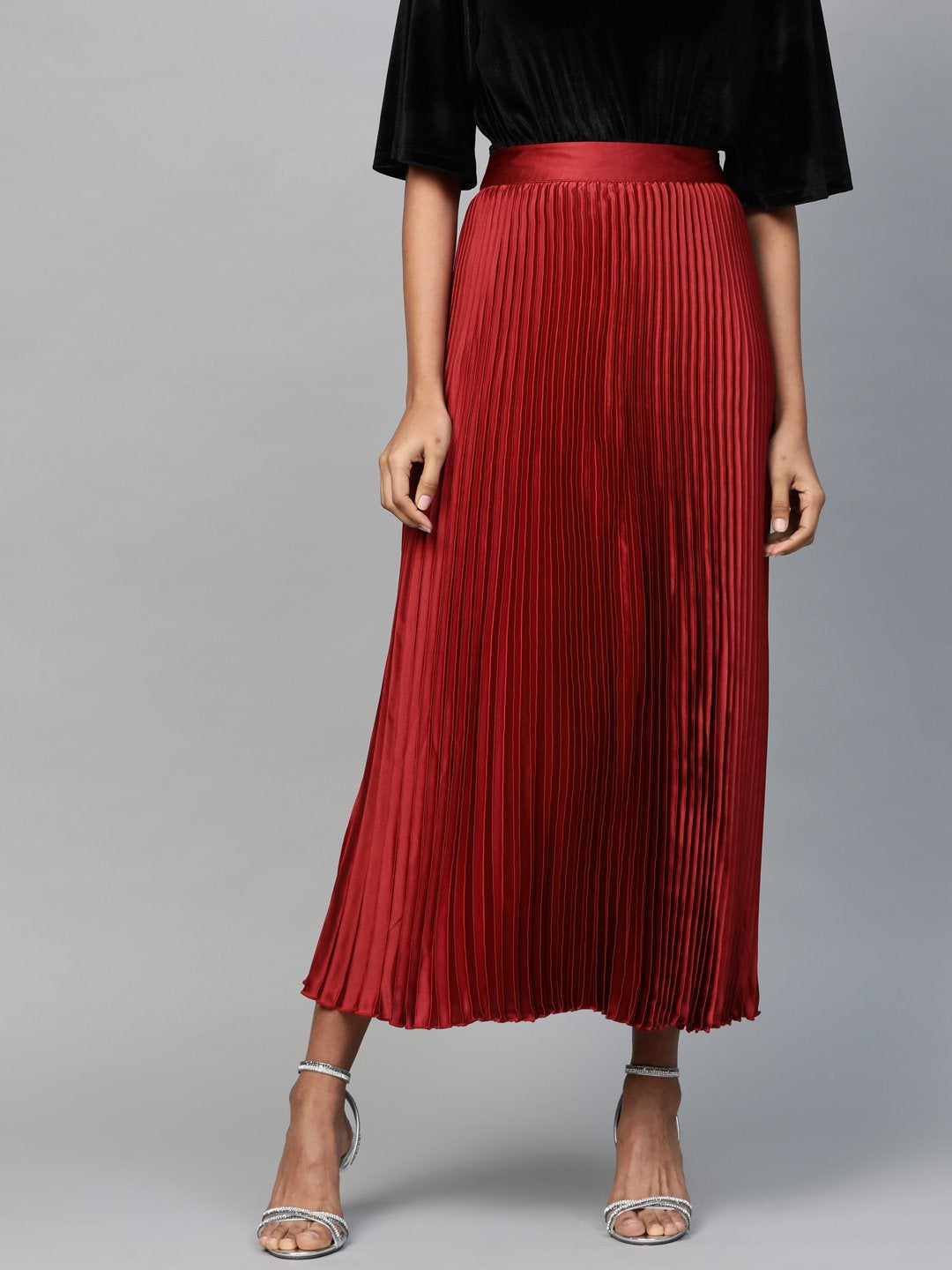 Women's Red Satin Pleated Maxi Skirt