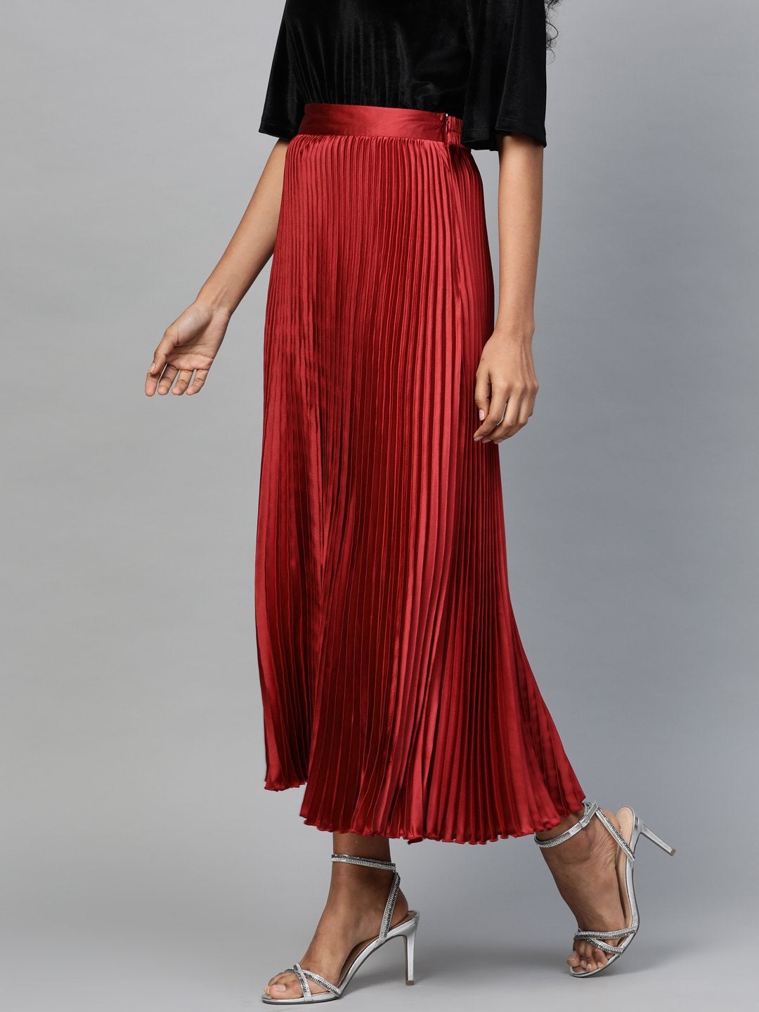 Women's Red Satin Pleated Maxi Skirt