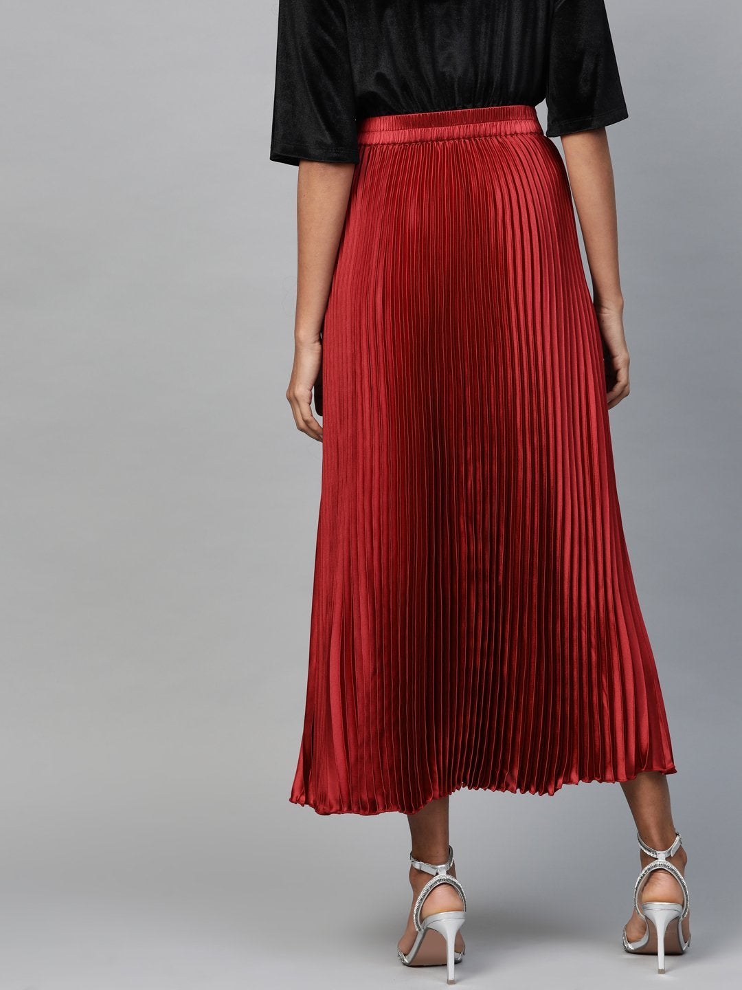 Women's Red Satin Pleated Maxi Skirt