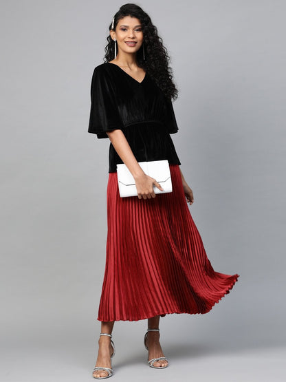 Women's Red Satin Pleated Maxi Skirt