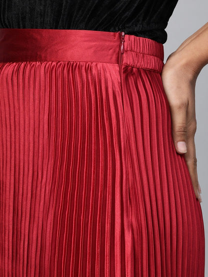 Women's Red Satin Pleated Maxi Skirt