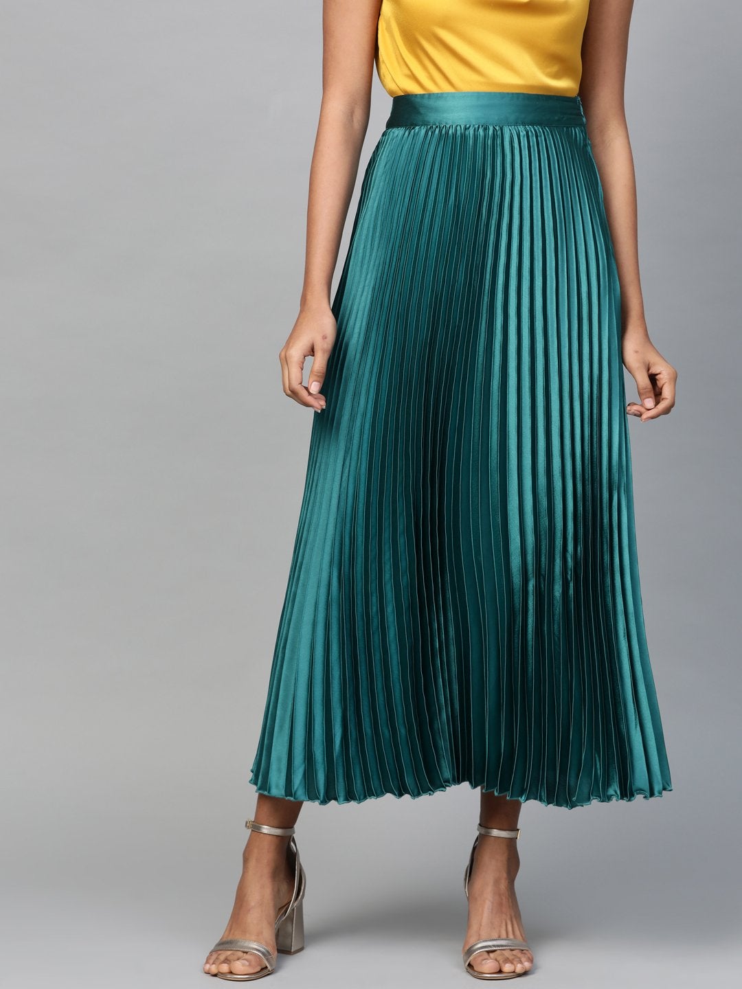 Women's Green Satin Pleated Maxi Skirt