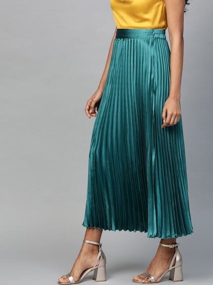 Women's Green Satin Pleated Maxi Skirt