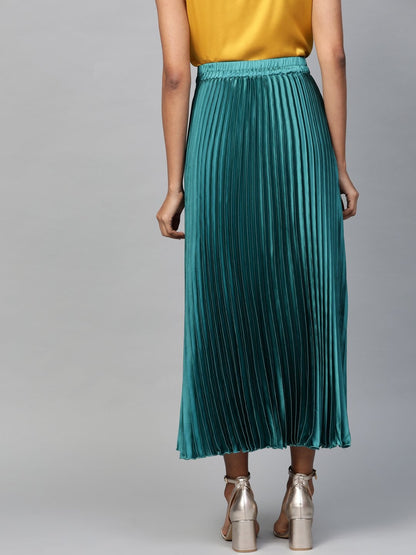 Women's Green Satin Pleated Maxi Skirt