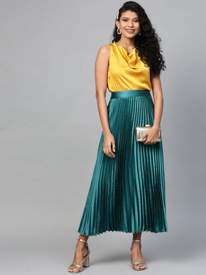 Women's Green Satin Pleated Maxi Skirt