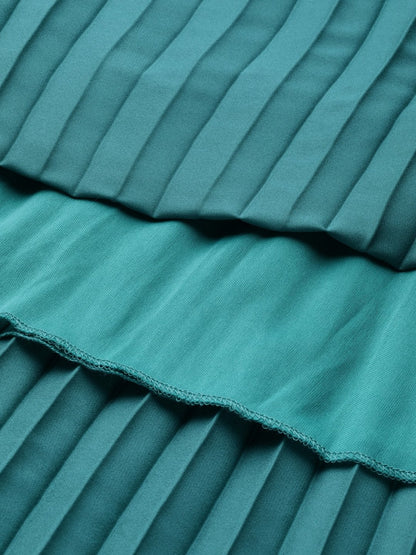 Women's Green Satin Pleated Maxi Skirt