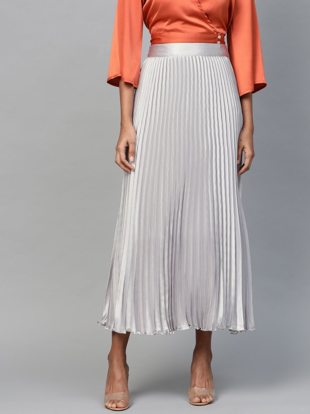 Women's Grey Satin Pleated Maxi Skirt