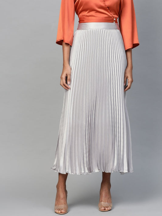 Women's Grey Satin Pleated Maxi Skirt