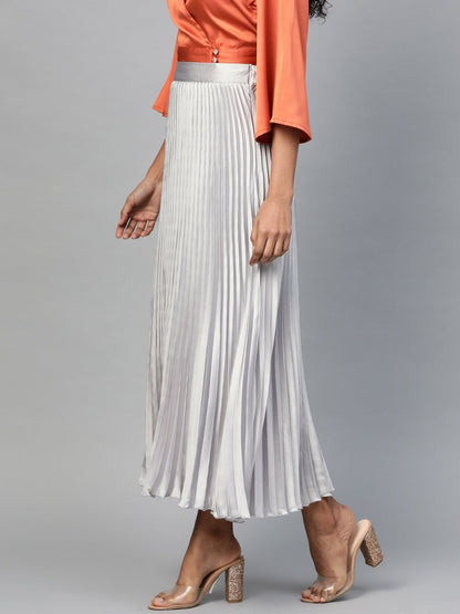 Women's Grey Satin Pleated Maxi Skirt