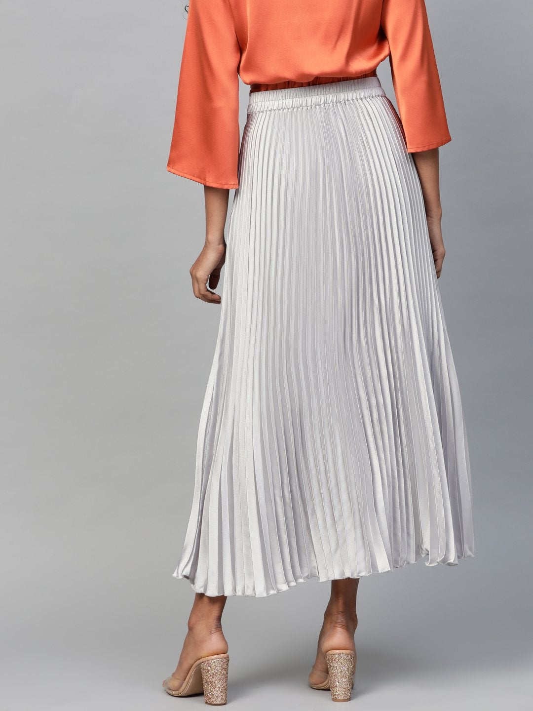 Women's Grey Satin Pleated Maxi Skirt