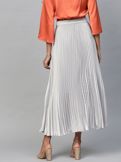 Women's Grey Satin Pleated Maxi Skirt