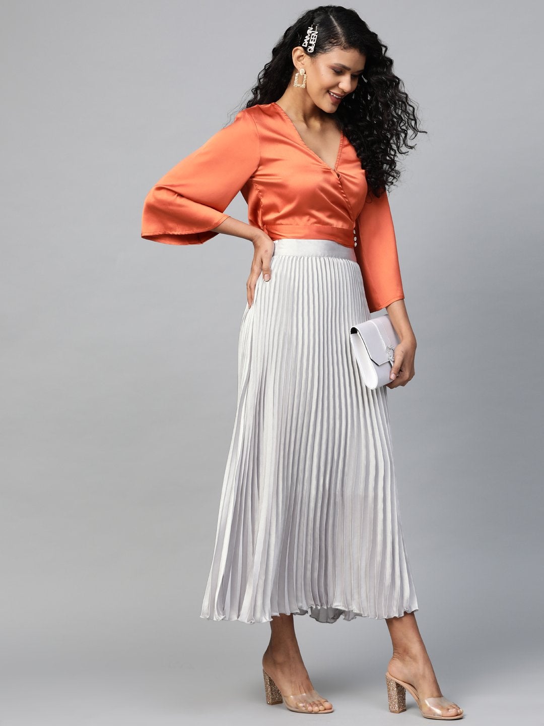 Women's Grey Satin Pleated Maxi Skirt