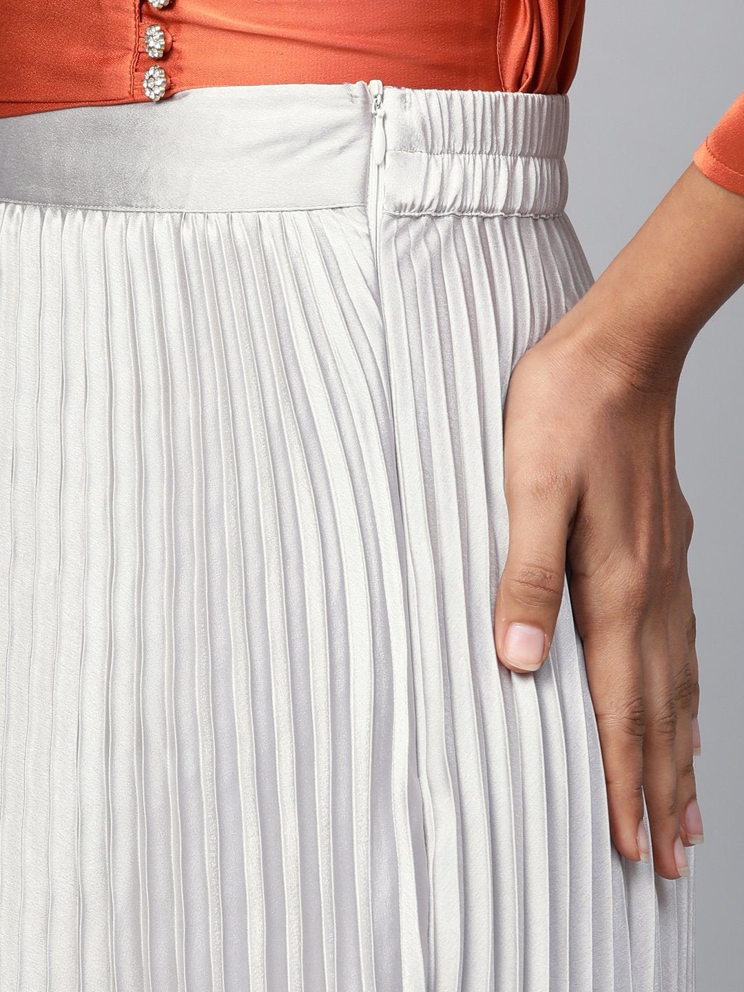 Women's Grey Satin Pleated Maxi Skirt