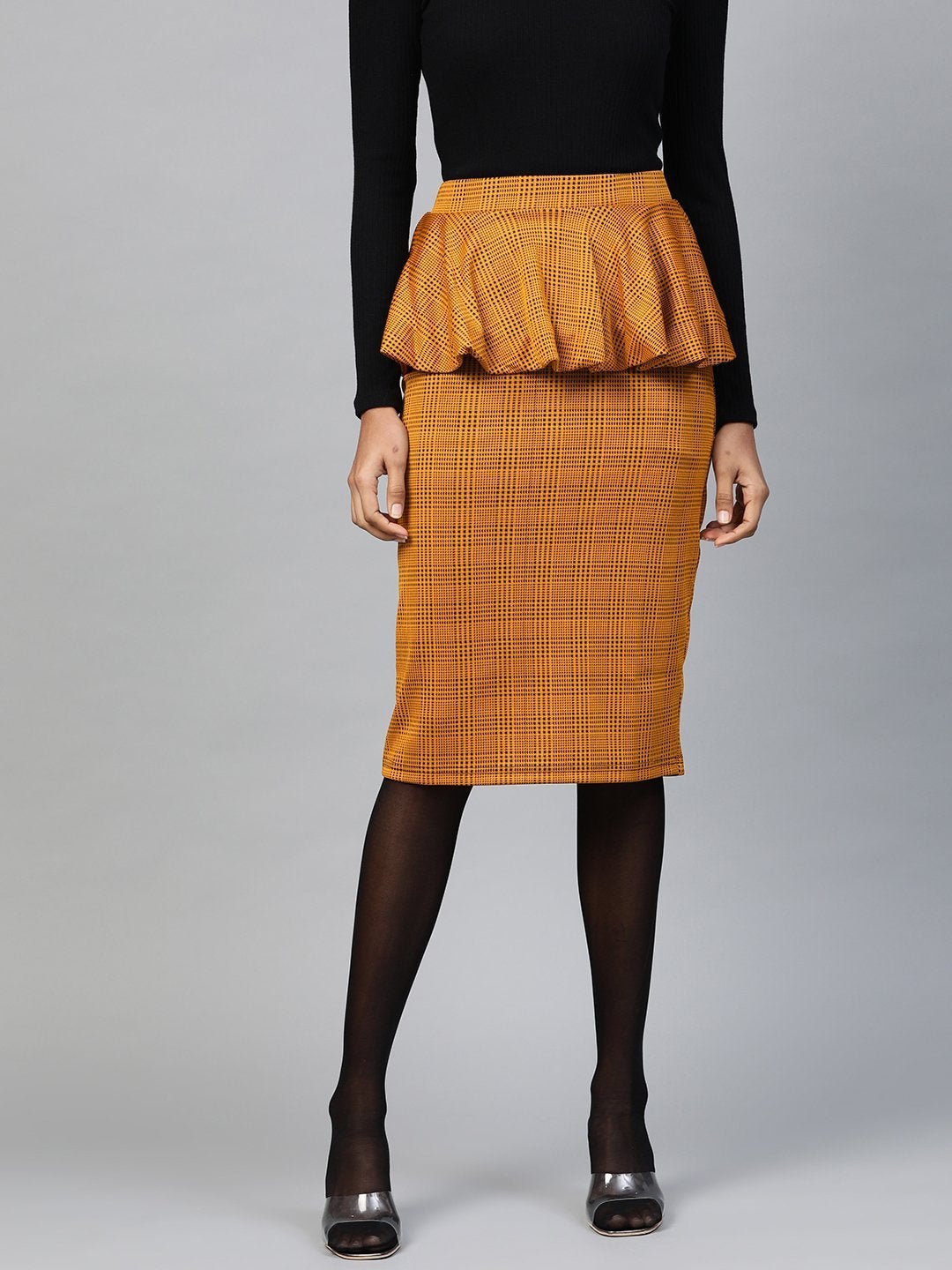 Women's Mustard Jacquard Check Peplum Skirt