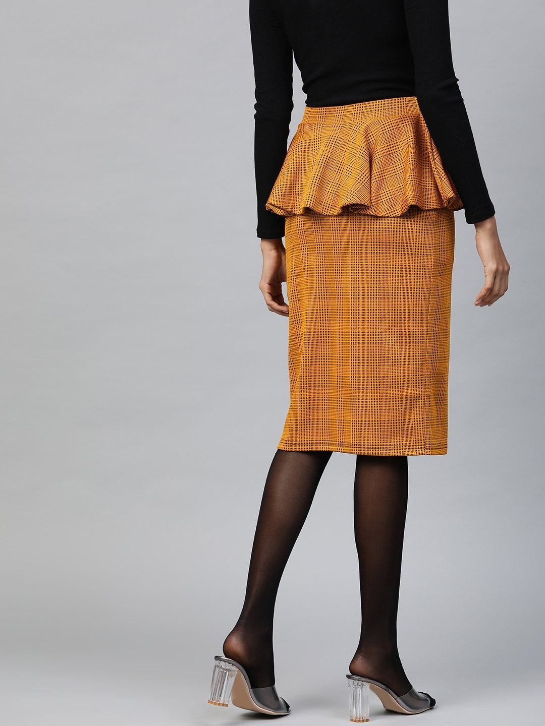Women's Mustard Jacquard Check Peplum Skirt