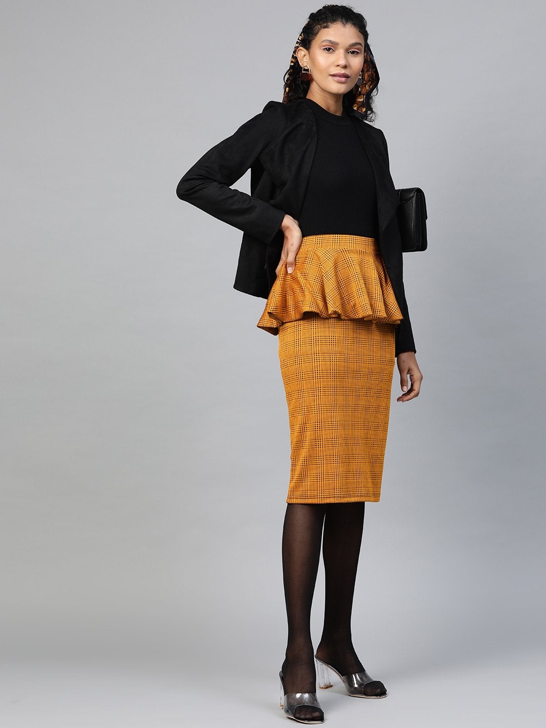 Women's Mustard Jacquard Check Peplum Skirt