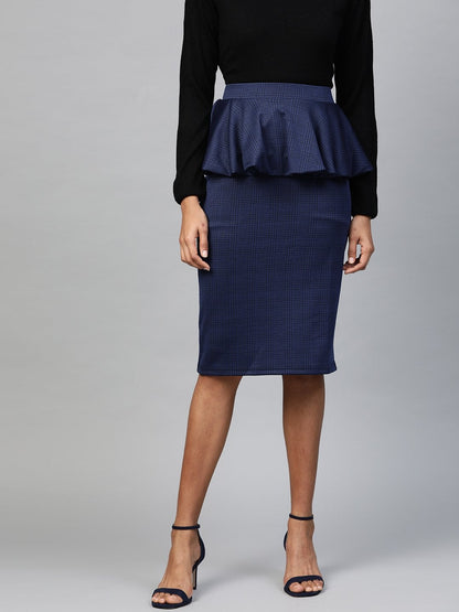 Women's Navy Jacquard Check Peplum Skirt