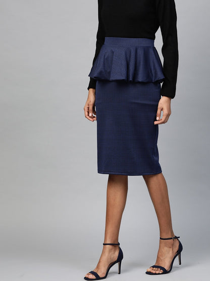 Women's Navy Jacquard Check Peplum Skirt