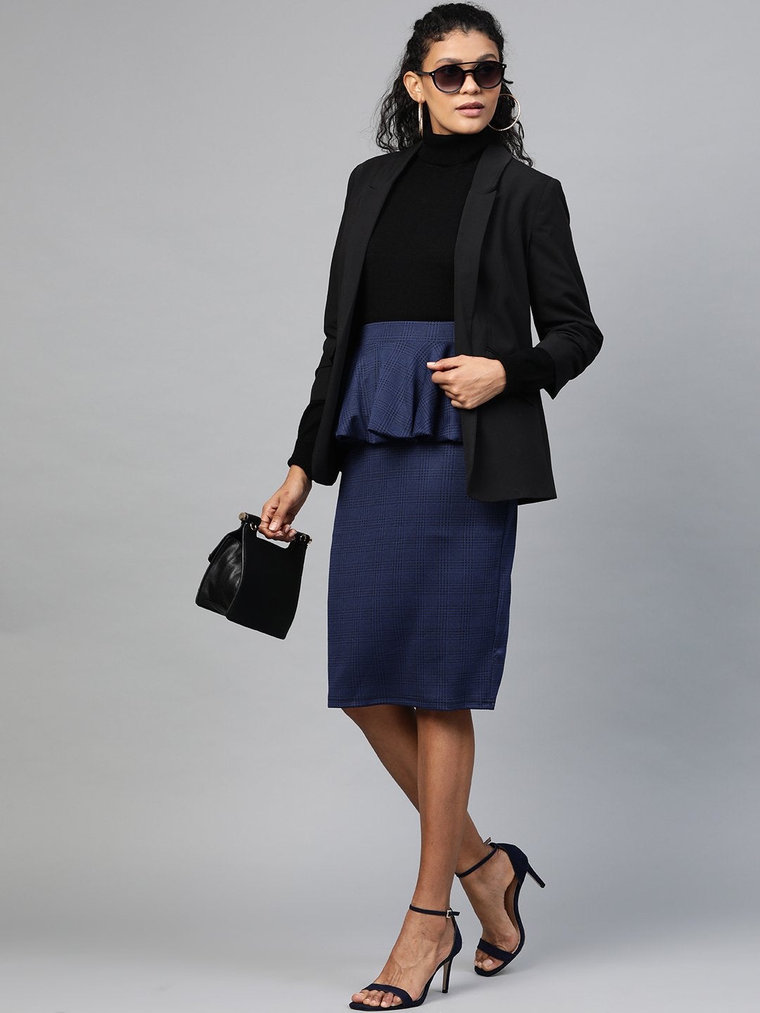 Women's Navy Jacquard Check Peplum Skirt