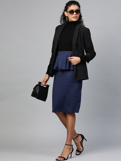 Women's Navy Jacquard Check Peplum Skirt
