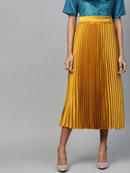 Women's Mustard Satin Pleated Midi Skirt