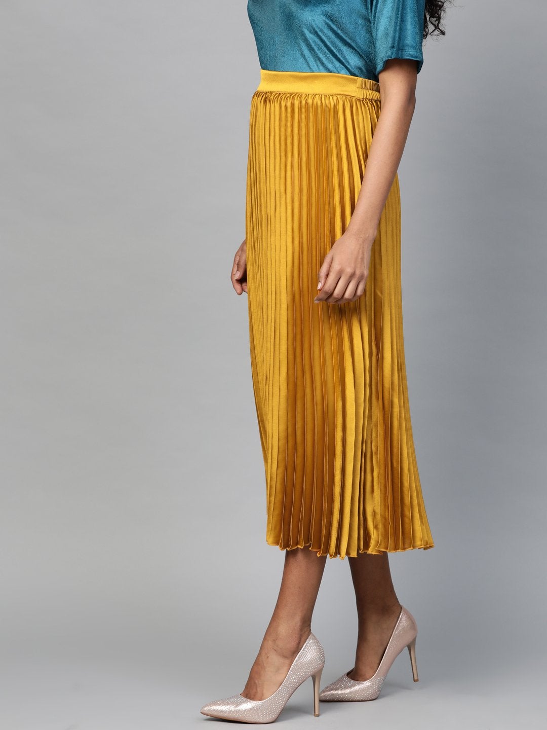 Women's Mustard Satin Pleated Midi Skirt