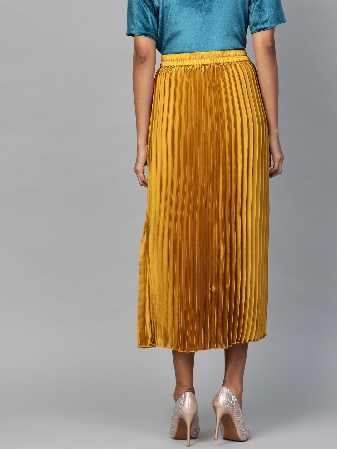Women's Mustard Satin Pleated Midi Skirt