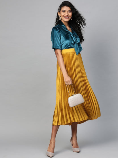 Women's Mustard Satin Pleated Midi Skirt
