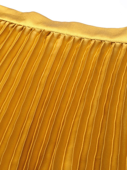 Women's Mustard Satin Pleated Midi Skirt