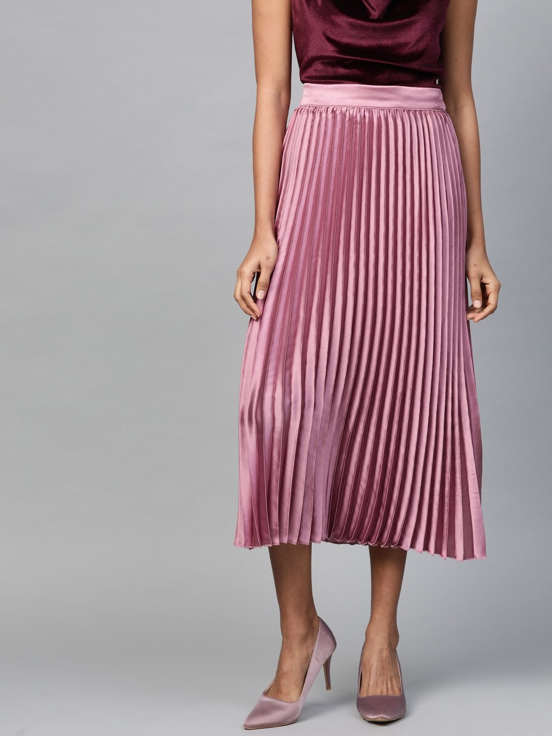 Women's Lavender Satin Pleated Midi Skirt