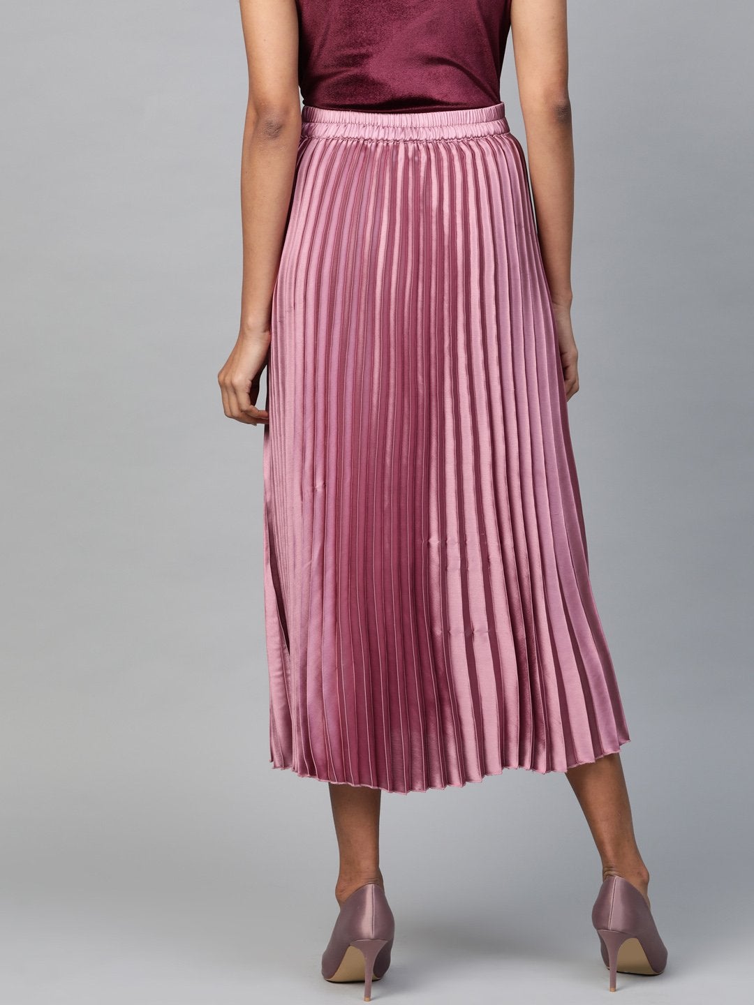 Women's Lavender Satin Pleated Midi Skirt