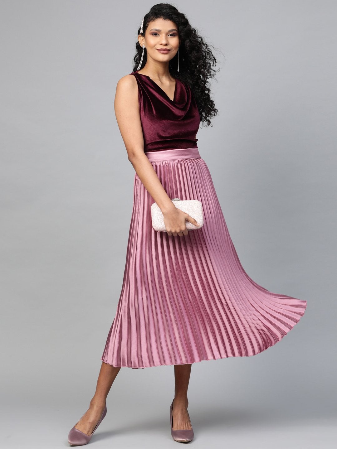 Women's Lavender Satin Pleated Midi Skirt