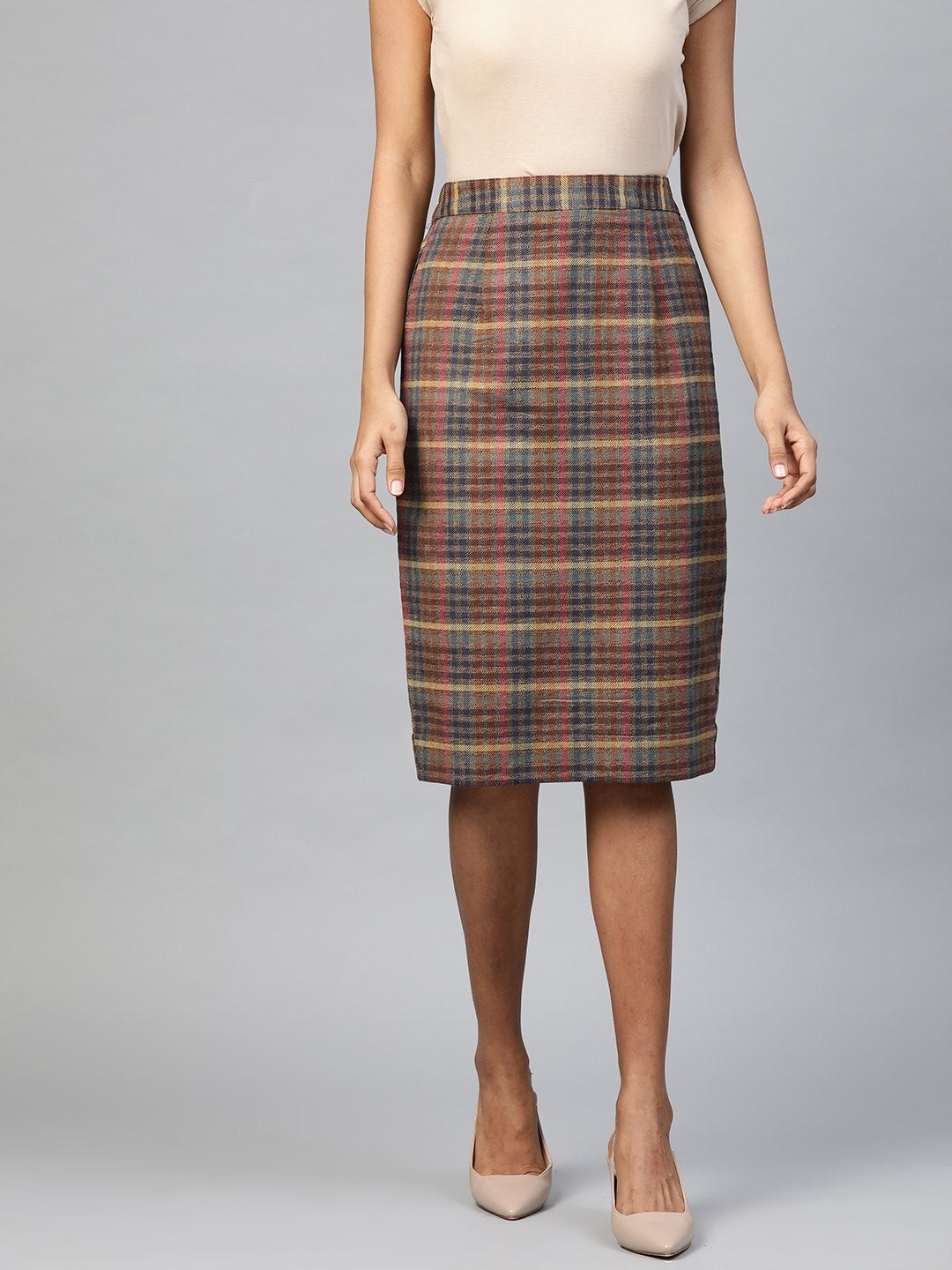 Women's Multicolor Jacquard Check Pencil Skirt
