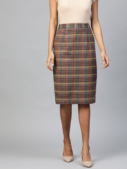 Women's Multicolor Jacquard Check Pencil Skirt