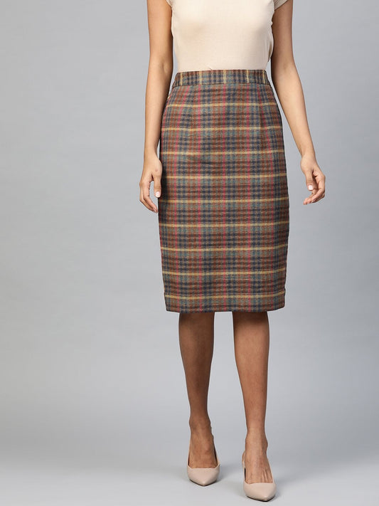 Women's Multicolor Jacquard Check Pencil Skirt