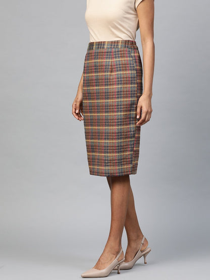 Women's Multicolor Jacquard Check Pencil Skirt