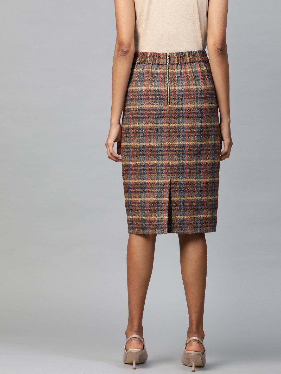 Women's Multicolor Jacquard Check Pencil Skirt