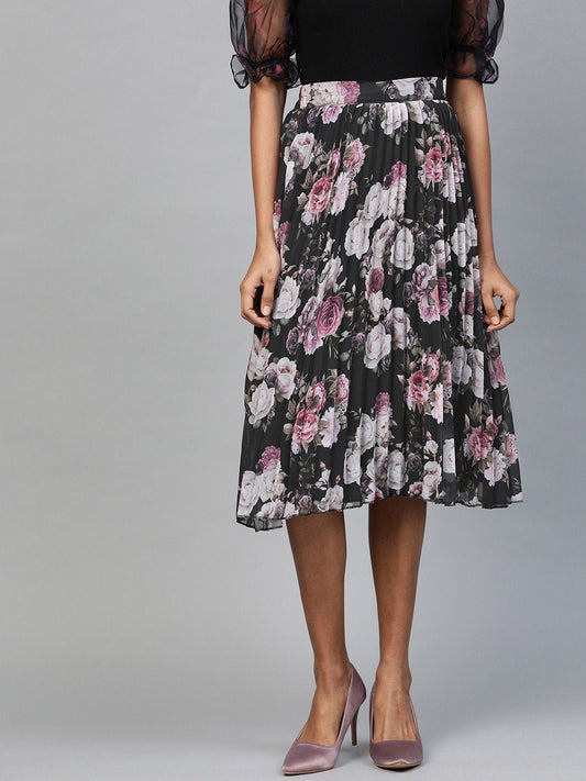 Women's Black Floral Pleated Skirt