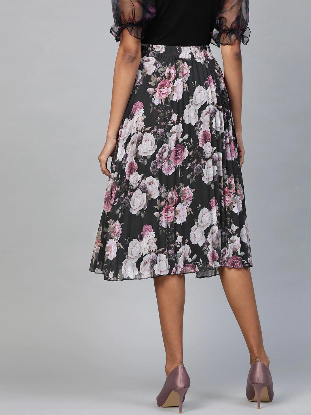 Women's Black Floral Pleated Skirt