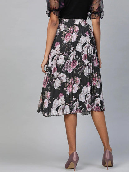 Women's Black Floral Pleated Skirt