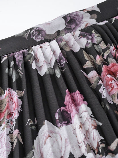 Women's Black Floral Pleated Skirt