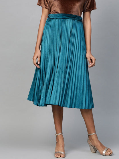 Women's Teal Velvet Pleated Midi Skirt