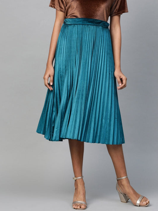 Women's Teal Velvet Pleated Midi Skirt