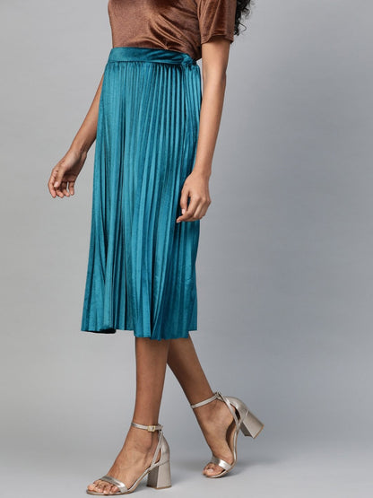 Women's Teal Velvet Pleated Midi Skirt