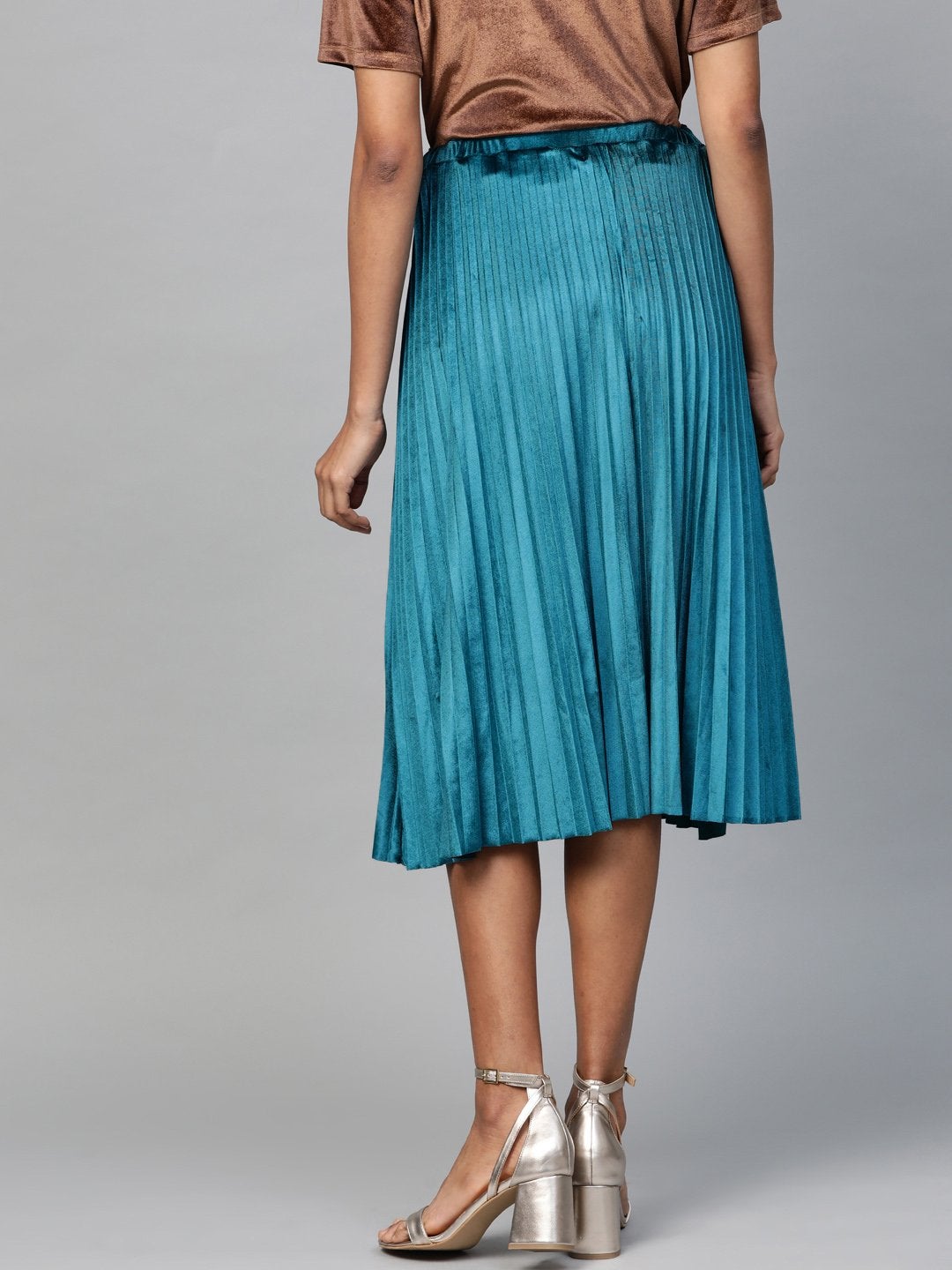 Women's Teal Velvet Pleated Midi Skirt