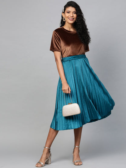 Women's Teal Velvet Pleated Midi Skirt