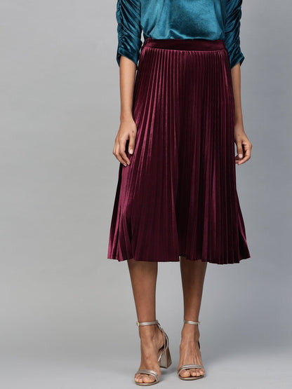 Women's Burgundy Velvet Pleated Midi Skirt