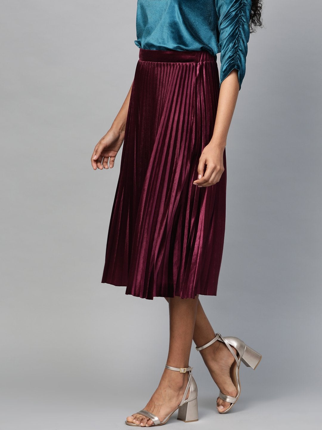 Women's Burgundy Velvet Pleated Midi Skirt